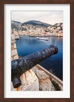 Cannon, hydrofoil boat, harbor, Hydra Island, Greece Fine Art Print