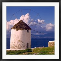 Greece, Mykonos, Windmill looks over Azure Sea Fine Art Print