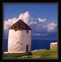 Greece, Mykonos, Windmill looks over Azure Sea Fine Art Print