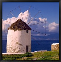 Greece, Mykonos, Windmill looks over Azure Sea Fine Art Print