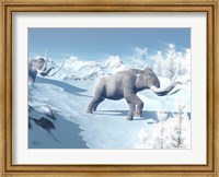 Mammoths Walking Slowly on the Snowy Mountain Against the Wind Fine Art Print