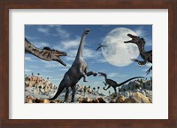 A Lone Camarasaurus Dinosaur is Confronted by a Pack of Velociraptors Fine Art Print
