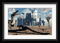 Velociraptors come across a Giant Sauropod carcass as their Next Meal Framed Print