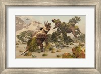 Living fossils of a Triceratops and a T-Rex Confronting Each Other Fine Art Print