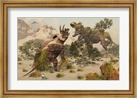 Living fossils of a Triceratops and a T-Rex Confronting Each Other Fine Art Print