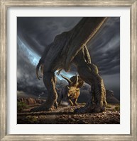 A Tyrannosaurus Rex and Triceratops in a Face Off Fine Art Print