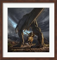 A Tyrannosaurus Rex and Triceratops in a Face Off Fine Art Print