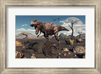 A T Rex is about to make a Meal of a Dead Triceratops Fine Art Print