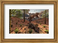 A T-Rex comes across the Carcass of a Dead Triceratops Fine Art Print