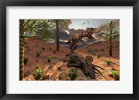 A T-Rex comes across the Carcass of a Dead Triceratops Fine Art Print