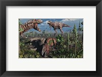 Two T Rex dinosaurs confront each other over a dead Triceratops Fine Art Print