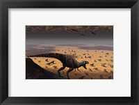 A lone T Rex looks down on a large Herd of Triceratops Fine Art Print