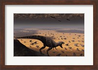 A lone T Rex looks down on a large Herd of Triceratops Fine Art Print