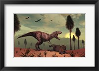 A Triceratops falls victim to Tyrannosaurus Rex Fine Art Print