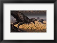 A Tyrannosaurus Rex spots two Passing Triceratops Fine Art Print