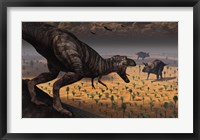 A Tyrannosaurus Rex spots two Passing Triceratops Fine Art Print