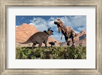 Prehistoric battle between a Triceratops and Tyrannosaurus Rex Fine Art Print