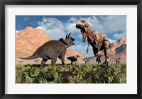 Prehistoric battle between a Triceratops and Tyrannosaurus Rex Framed Print