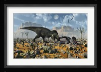 T-Rex feeding on a Triceratops Carcass Framed Print