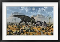 T-Rex feeding on a Triceratops Carcass Framed Print