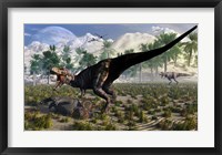 Tyrannosaurus Rex Guards its meal of a Juvenile Triceratops Framed Print
