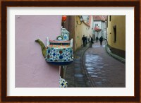 Wall Decorated with Teapot and Cobbled Street in the Old Town, Vilnius, Lithuania II Fine Art Print