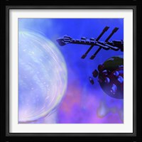 A Spaceship Passes a Moon and Orbiting Asteroids Fine Art Print