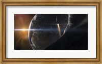Space Shuttle flying over an Asteroid that is passing close to Earth Fine Art Print