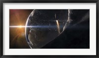 Space Shuttle flying over an Asteroid that is passing close to Earth Fine Art Print
