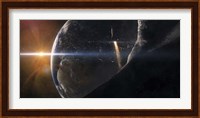 Space Shuttle flying over an Asteroid that is passing close to Earth Fine Art Print