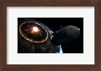 Orion-drive spacecraft leaving Earth impacted by a Comet Fine Art Print