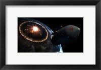 Orion-drive spacecraft leaving Earth impacted by a Comet Fine Art Print