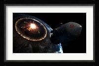 Orion-drive spacecraft leaving Earth impacted by a Comet Fine Art Print