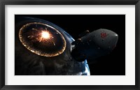 Orion-drive spacecraft leaving Earth impacted by a Comet Fine Art Print