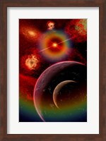 An alien planet and it's moon illuminated by the glow of Nebula gas clouds Fine Art Print