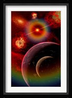 An alien planet and it's moon illuminated by the glow of Nebula gas clouds Fine Art Print