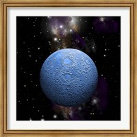 Artist's depiction of a cratered moon in space with a Nebula in the background Fine Art Print
