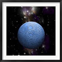 Artist's depiction of a cratered moon in space with a Nebula in the background Fine Art Print