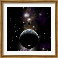 An Earth type world with two moons against a background of Nebula and stars Fine Art Print