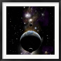 An Earth type world with two moons against a background of Nebula and stars Fine Art Print
