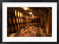 Wooden Barrels with Aging Wine in Cellar Fine Art Print