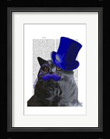 Grey Cat With Blue Top Hat and Blue Moustache Framed Print