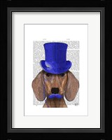 Dachshund With Blue Top Hat and Blue Moustache Framed Print