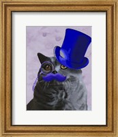Grey Cat With Blue Top Hat and Moustache Fine Art Print