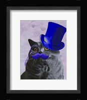Grey Cat With Blue Top Hat and Moustache Fine Art Print