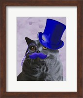 Grey Cat With Blue Top Hat and Moustache Fine Art Print
