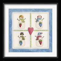 Four Snowmen With Heart Pockets Fine Art Print