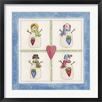 Four Snowmen With Heart Pockets Fine Art Print