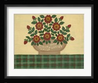 Red Flowers With Dark Green Tablecloth Framed Print
