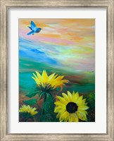 BlueBird Flying Over Sunflowers Fine Art Print